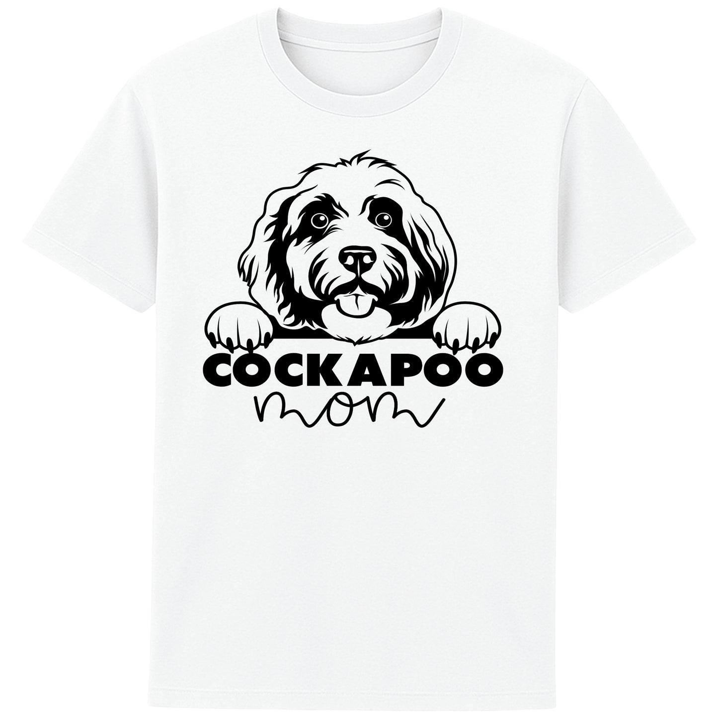 White Cockapoo Mom t-shirt featuring a cute Cockapoo dog graphic, perfect for Cockapoo owners, dog mums, and dog lovers.