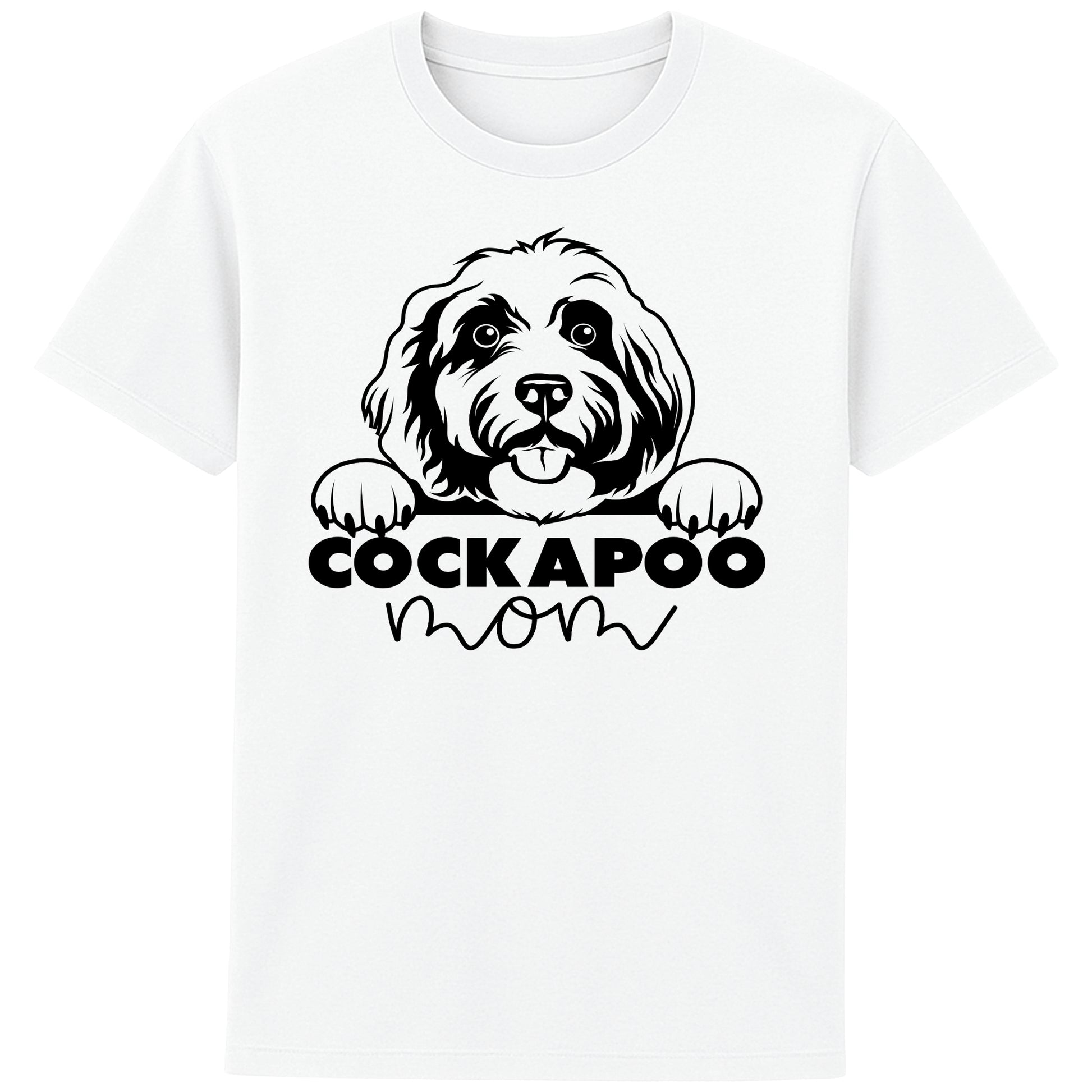 White Cockapoo Mom t-shirt featuring a cute Cockapoo dog graphic, perfect for Cockapoo owners, dog mums, and dog lovers.