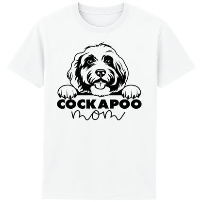White Cockapoo Mom t-shirt featuring a cute Cockapoo dog graphic, perfect for Cockapoo owners, dog mums, and dog lovers.
