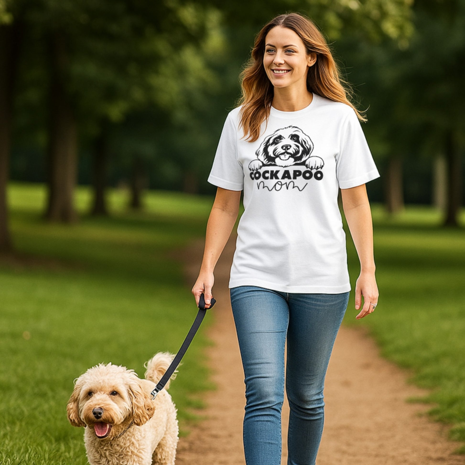 Woman walking her Cockapoo in a park while wearing a white Cockapoo Mom t-shirt featuring a cute Cockapoo graphic, perfect for dog mums and Cockapoo lovers.