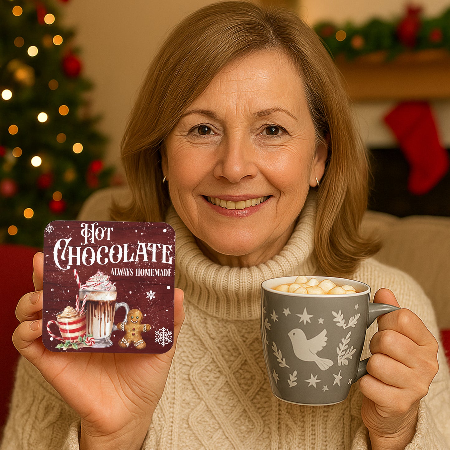 a woman holding a a festive hot chocolate coaster with whipped cream, candy cane, and gingerbread design – perfect for holiday décor and winter drinks"