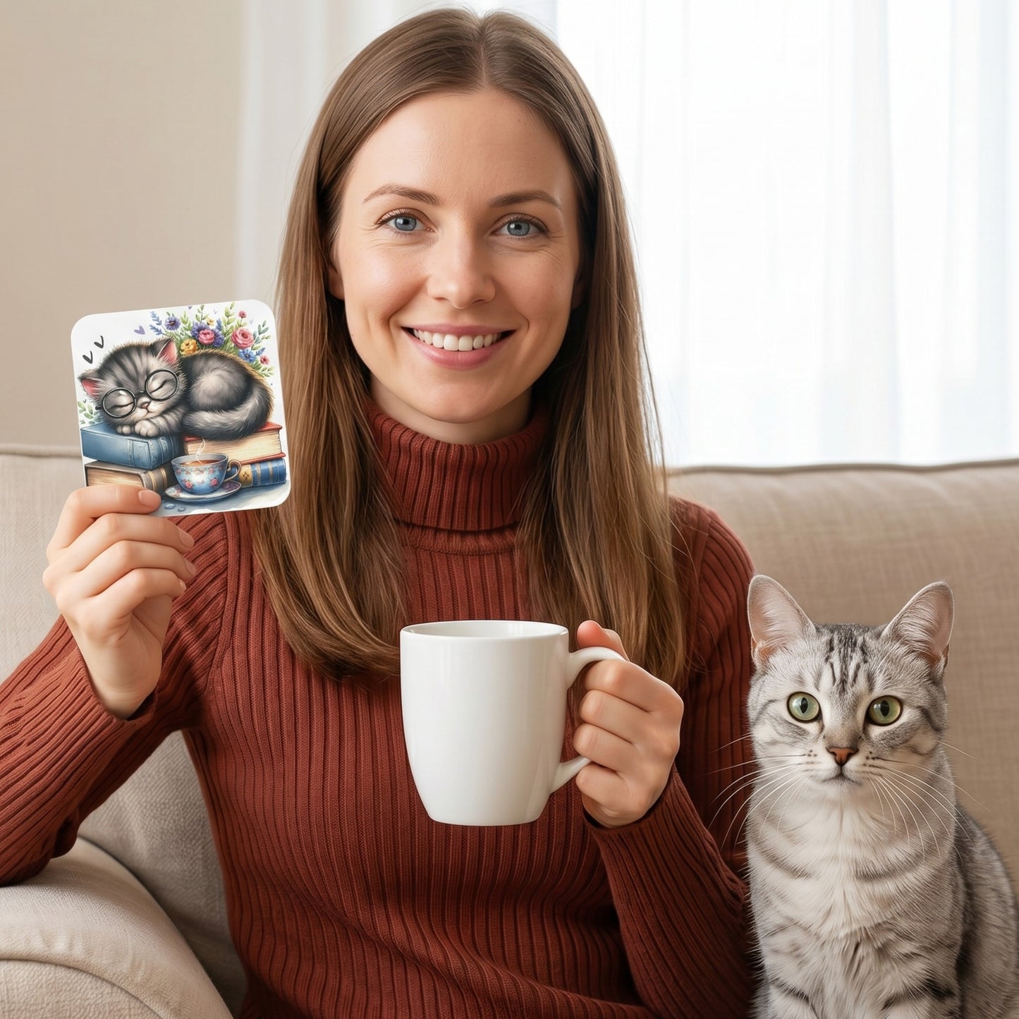 Woman holding a cute cat coaster featuring a sleeping grey tabby kitten with glasses resting on colourful books beside a floral teacup, sitting with a grey tabby cat while enjoying a hot drink at home.