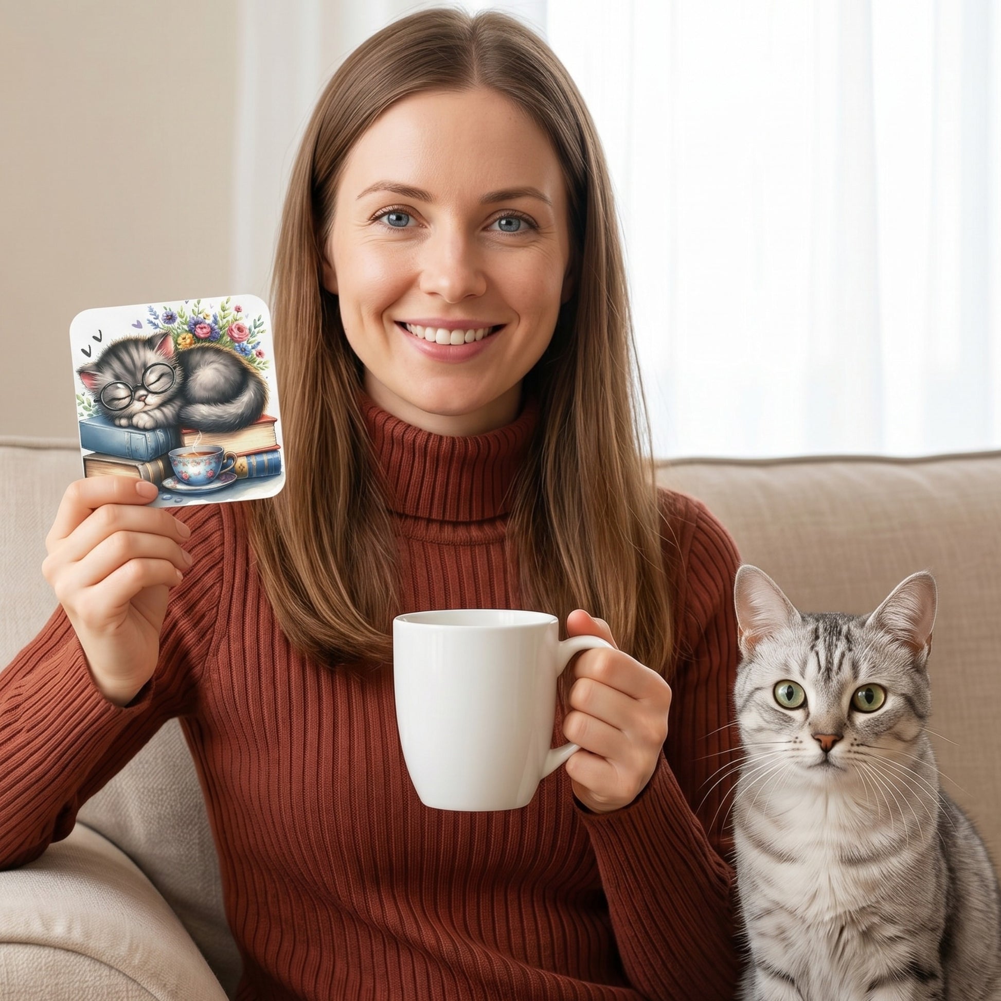 Woman holding a cute cat coaster featuring a sleeping grey tabby kitten with glasses resting on colourful books beside a floral teacup, sitting with a grey tabby cat while enjoying a hot drink at home.