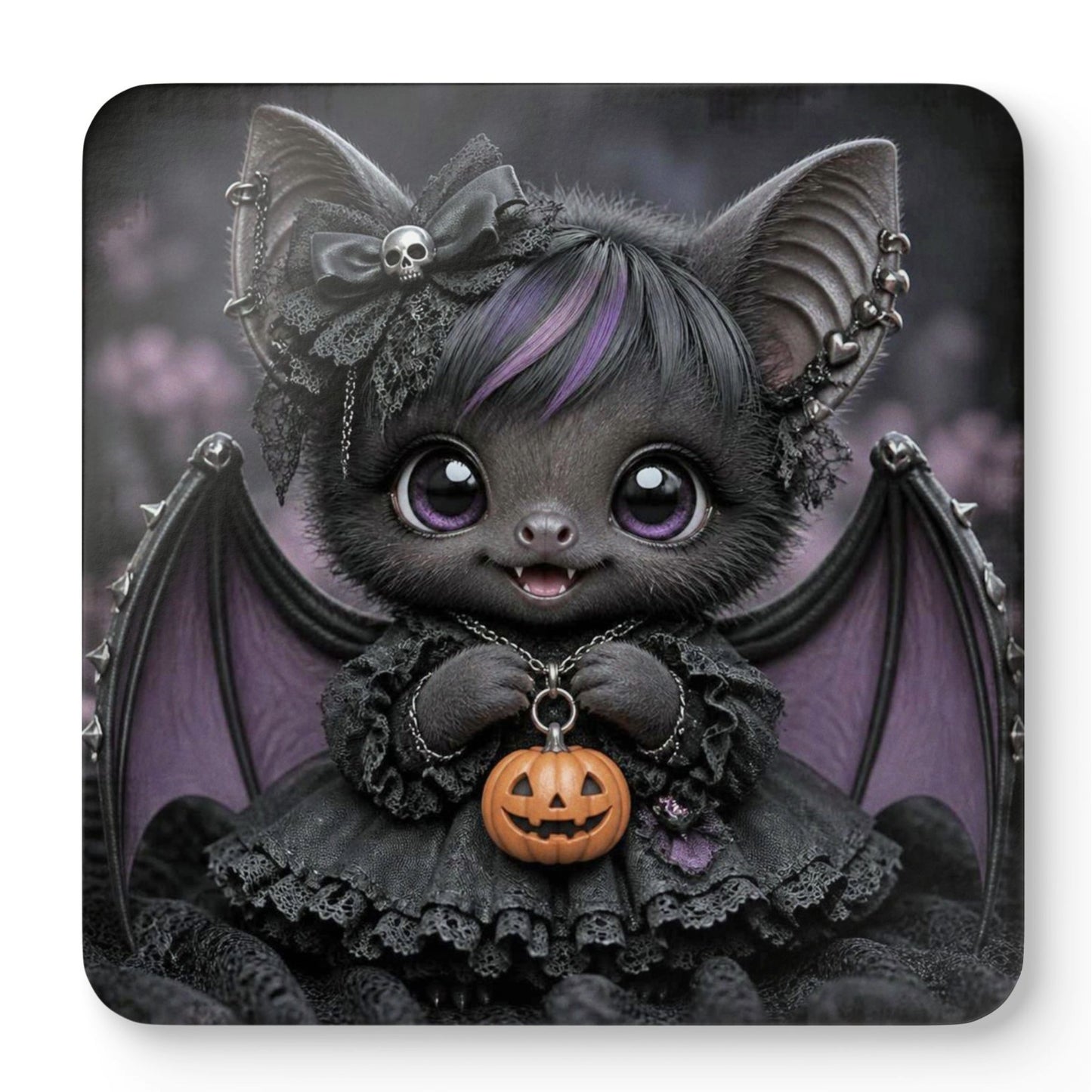 A square coaster featuring a cute, stylized digital illustration of a baby bat in a gothic outfit. The bat has large purple eyes, black wings, a black lace dress, and a small orange jack-o'-lantern pendant.