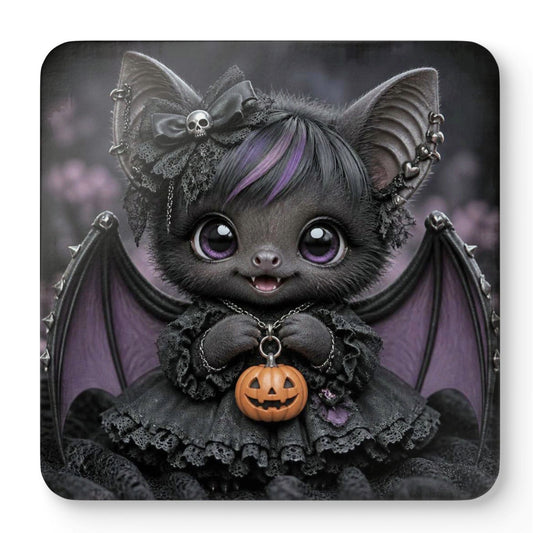 A square coaster featuring a cute, stylized digital illustration of a baby bat in a gothic outfit. The bat has large purple eyes, black wings, a black lace dress, and a small orange jack-o'-lantern pendant.