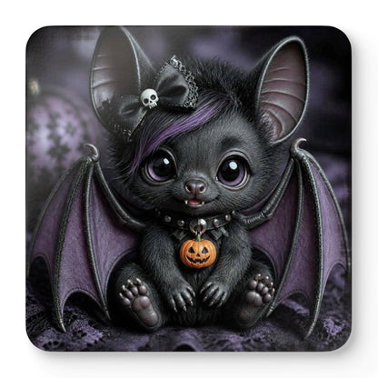 A square coaster with rounded corners featuring a cute, cartoonish black baby bat with purple hair, wearing a skull bow and a pumpkin charm, set against a dark gothic background.
