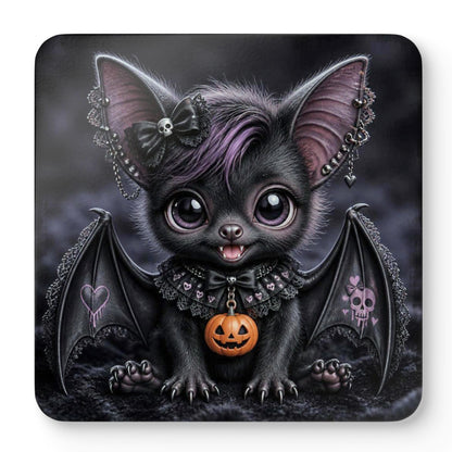 A square coaster with rounded corners featuring a cute, stylized cartoon bat character. The bat is black with purple hair, wearing a black lace collar and bow, and holding a small orange jack-o'-lantern.