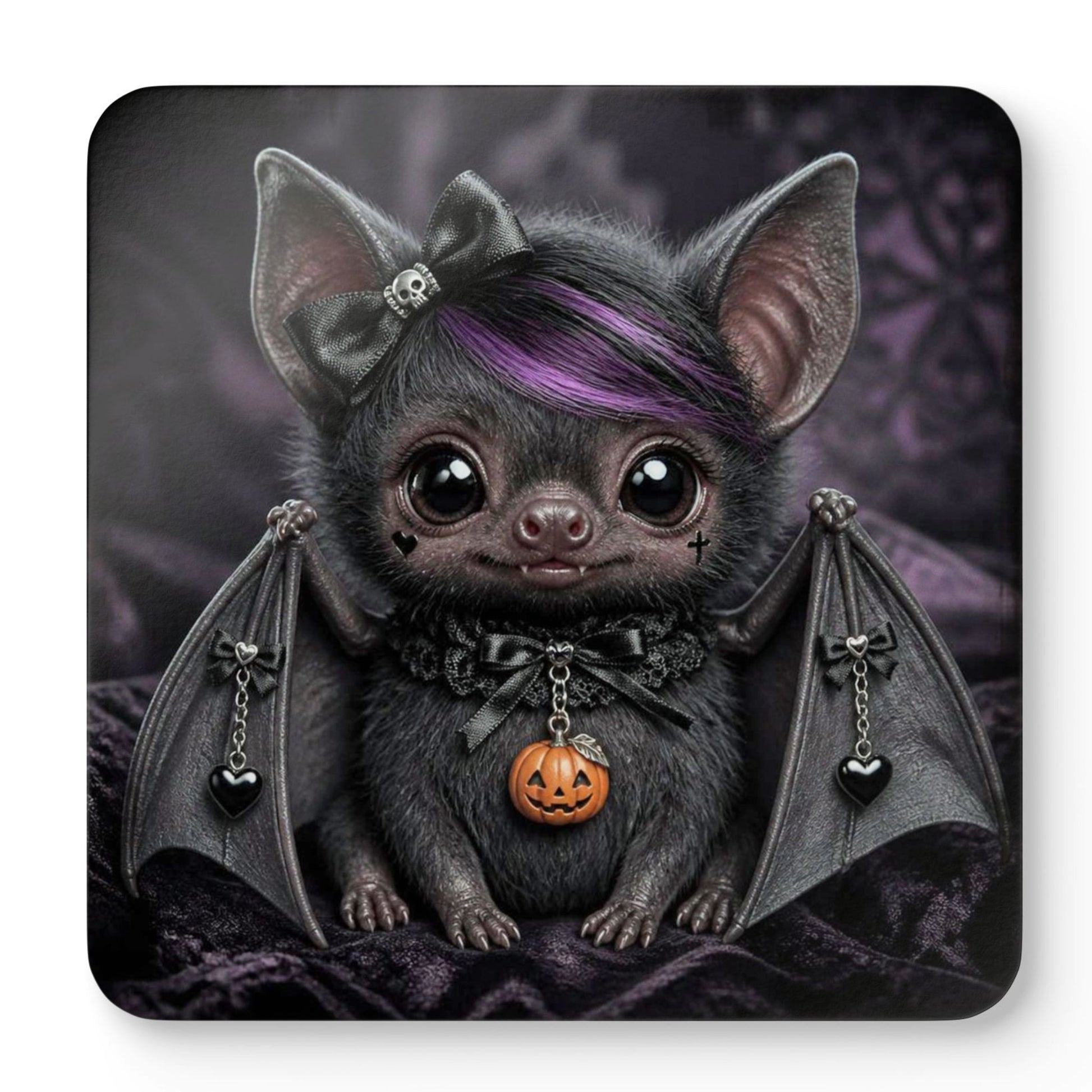 A square coaster, featuring a cute cartoon bat character with purple hair, a black bow, and a jack-o'-lantern pendant on a dark gothic background.