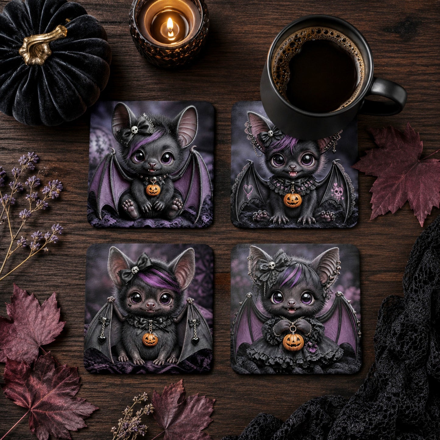 Lifestyle mockup of a set of four cute gothic Halloween bat coasters displayed on a dark wooden coffee table with a black coffee mug, candle, velvet pumpkin and autumn leaves.