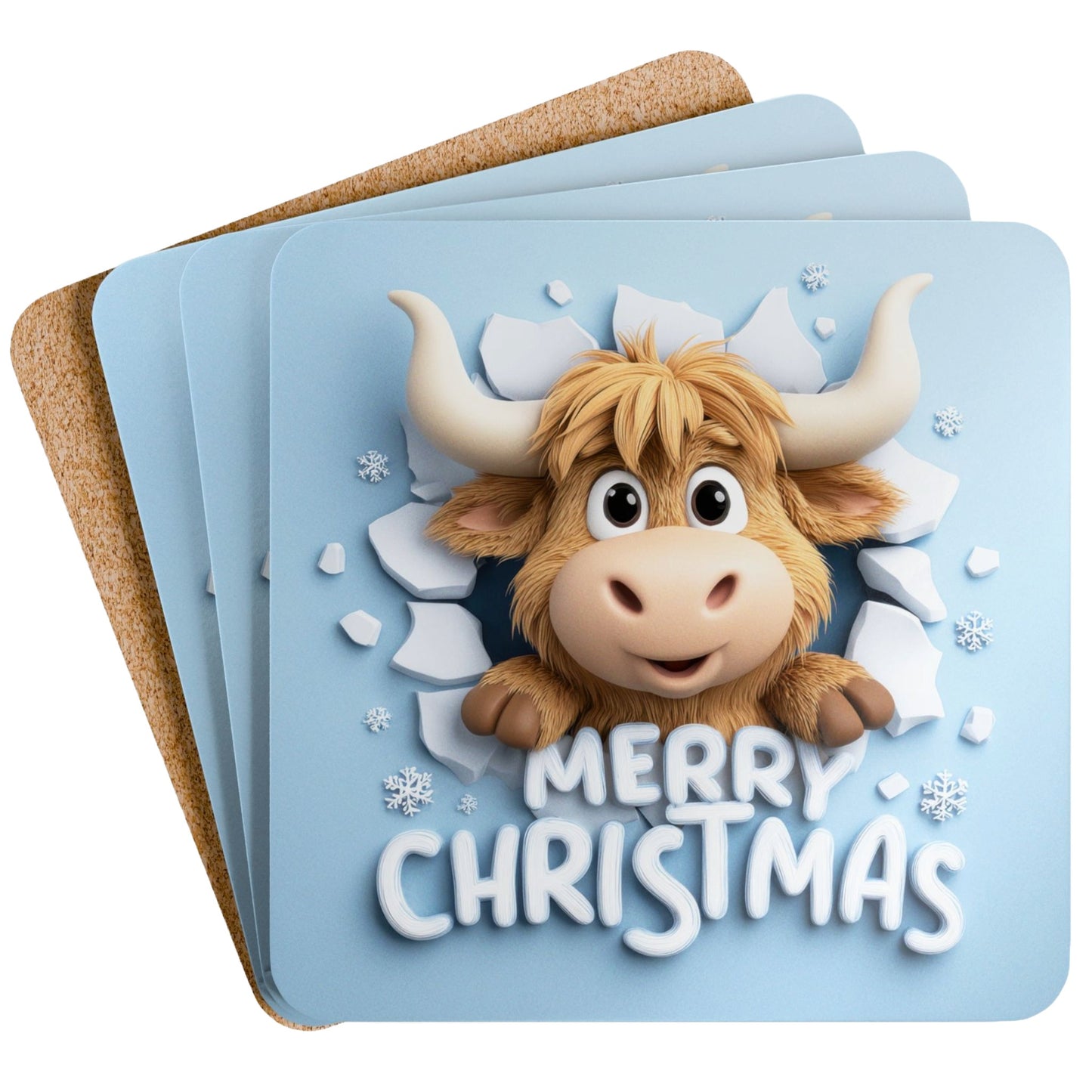 “Adorable Highland cow Christmas coasters set of four with festive snowburst design on a rustic holiday table