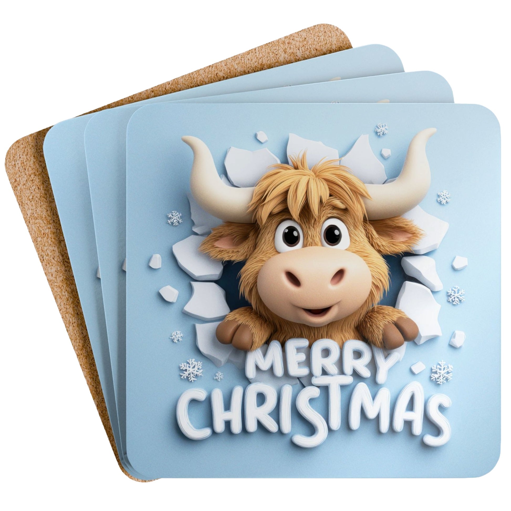 “Adorable Highland cow Christmas coasters set of four with festive snowburst design on a rustic holiday table
