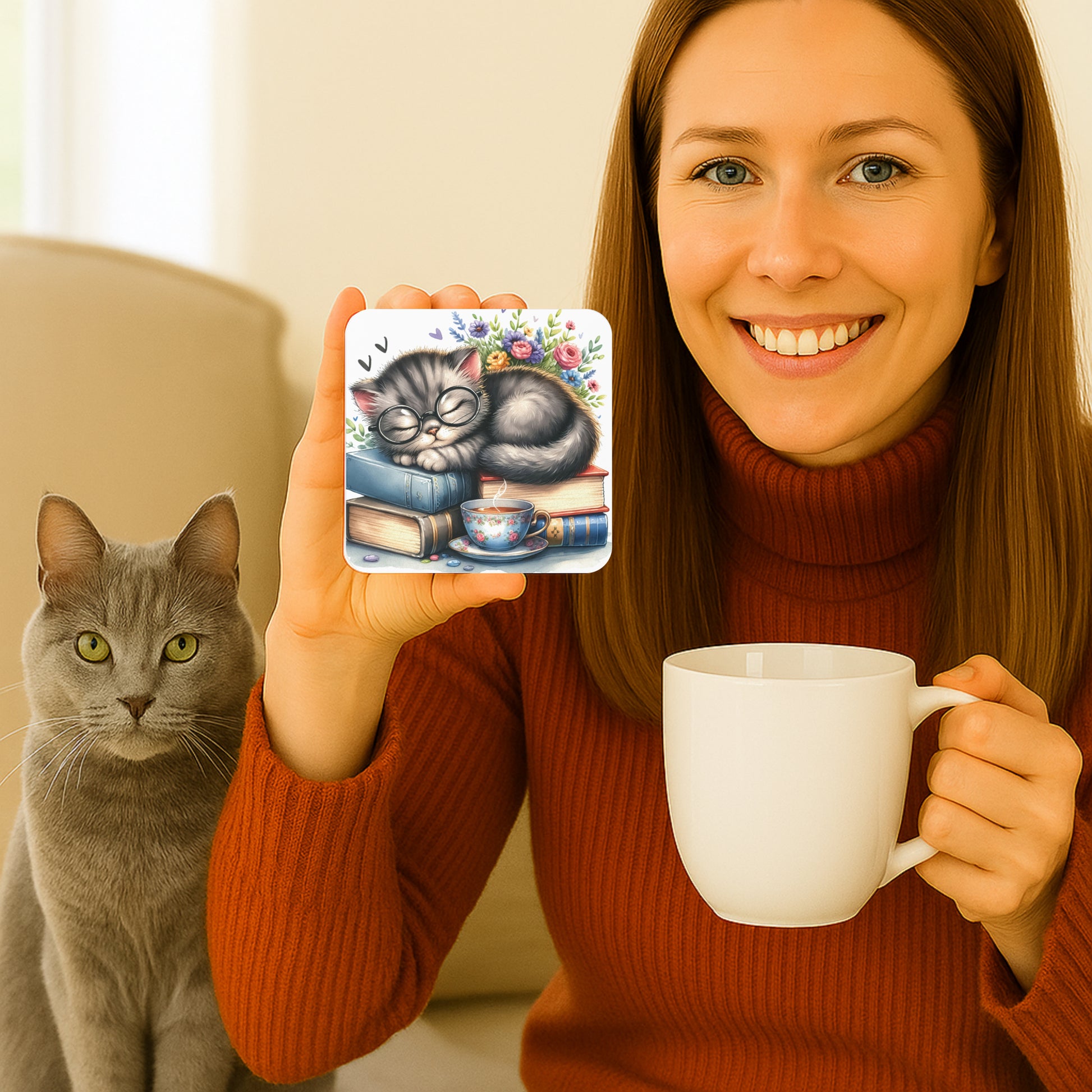 a woman holding a Illustrated coaster featuring a cute Gray tabby kitten wearing round glasses, sleeping atop a stack of colourful books, with a floral teacup of steaming tea in front and a bouquet of vibrant flowers in the background.