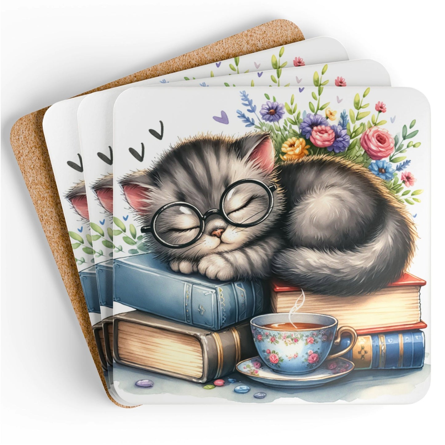 Illustrated coaster featuring a cute gray tabby kitten wearing round glasses, sleeping atop a stack of colorful books, with a floral teacup of steaming tea in front and a bouquet of vibrant flowers in the background.