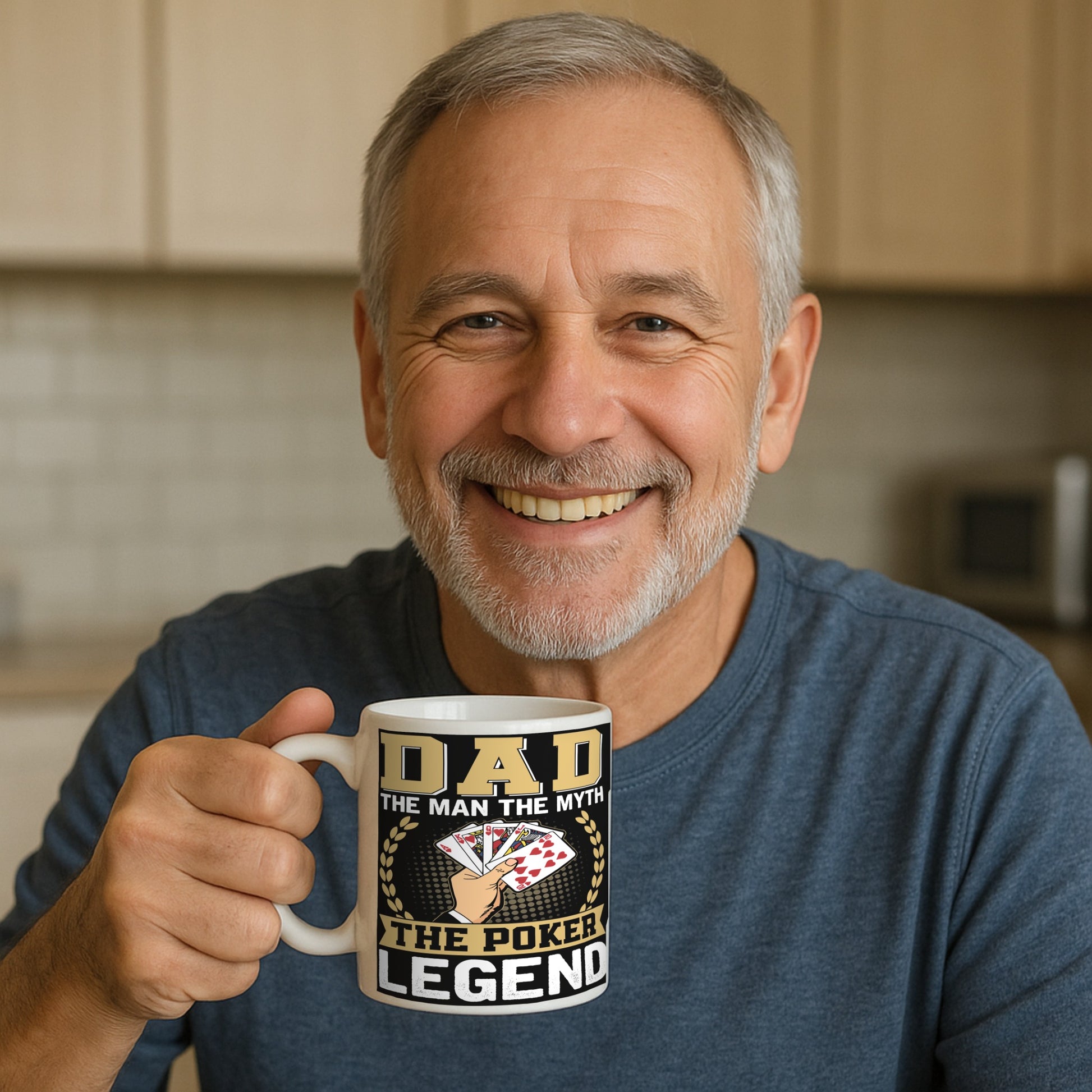 Man holding a Coffee mug with bold gold and black text reading ‘Dad: The Man, The Myth, The Poker Legend’ featuring a winning poker hand design." for dads who love poker