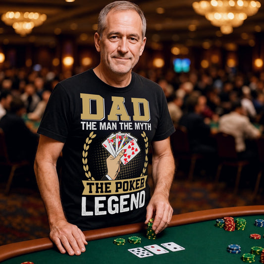 Man wearing a Dad The Man The Myth The Poker Legend t-shirt while standing at a casino poker table with poker chips and playing cards, funny poker shirt gift for dads and poker players.