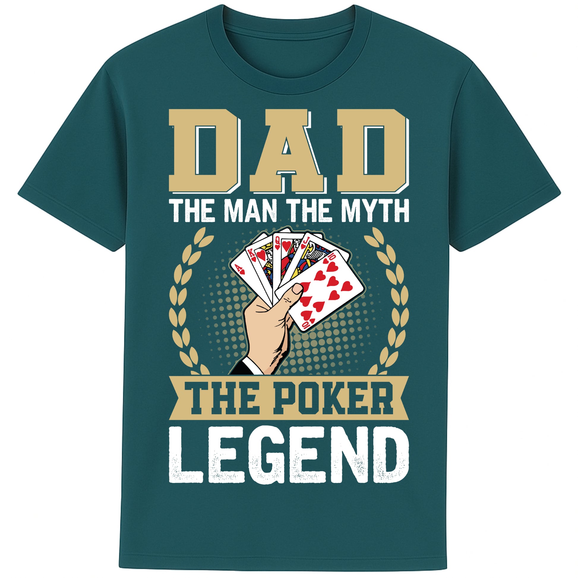 Dad: The Man, The Myth, The Poker Legend stargazer colour t-shirt with golden laurel and playing cards design – funny poker gift for fathers.