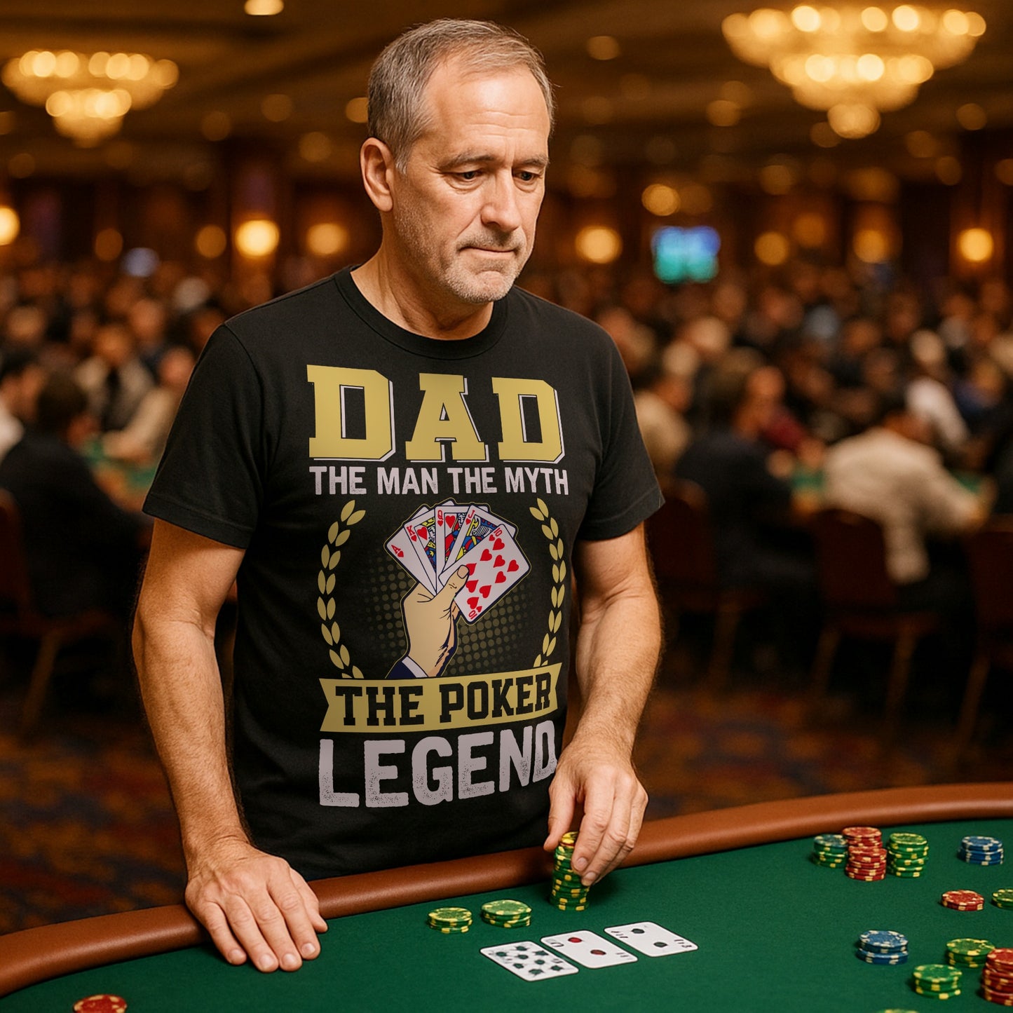 Man playing poker wearing a t-shirt in a casino setting t-shirt says Dad: The Man, The Myth, The Poker Legend black t-shirt with golden laurel and playing cards design – funny poker gift for fathers.