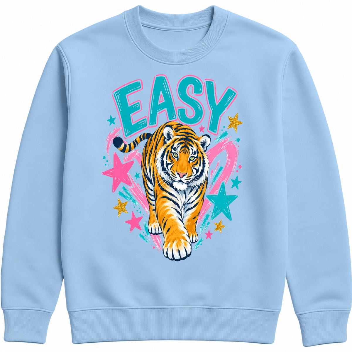 A light blue easy tiger crewneck sweatshirt featuring a colorful graphic of a walking tiger with the word 'EASY' in teal letters, surrounded by pink and teal stars