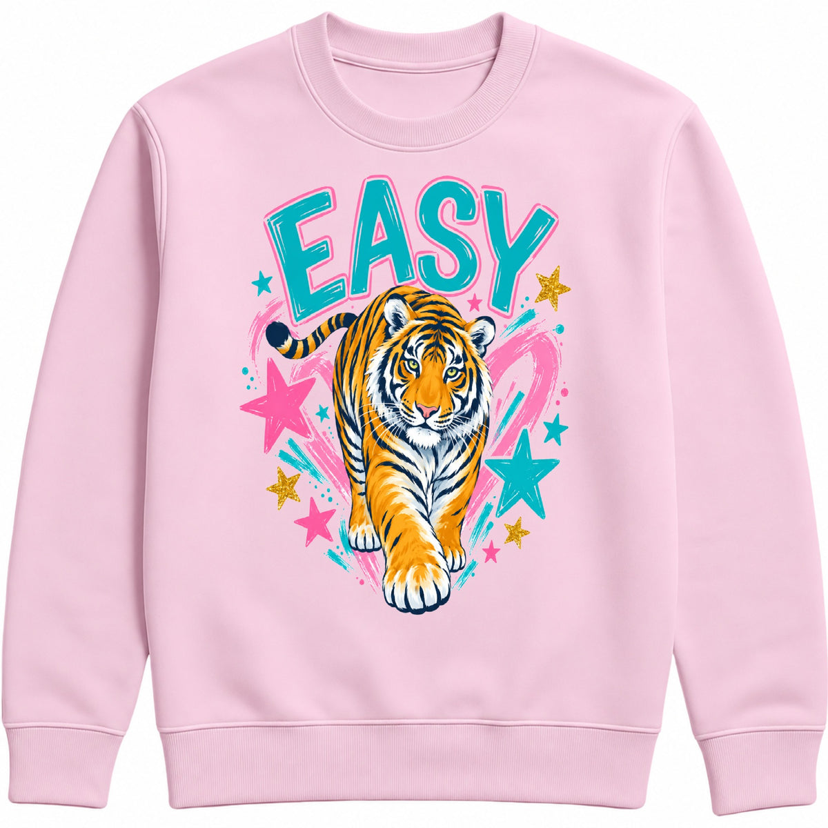 A light pink easy tiger crewneck sweatshirt featuring a colorful graphic print of a walking tiger surrounded by pink and teal stars, with the word 'EASY' in teal and pink outlined letters above it.