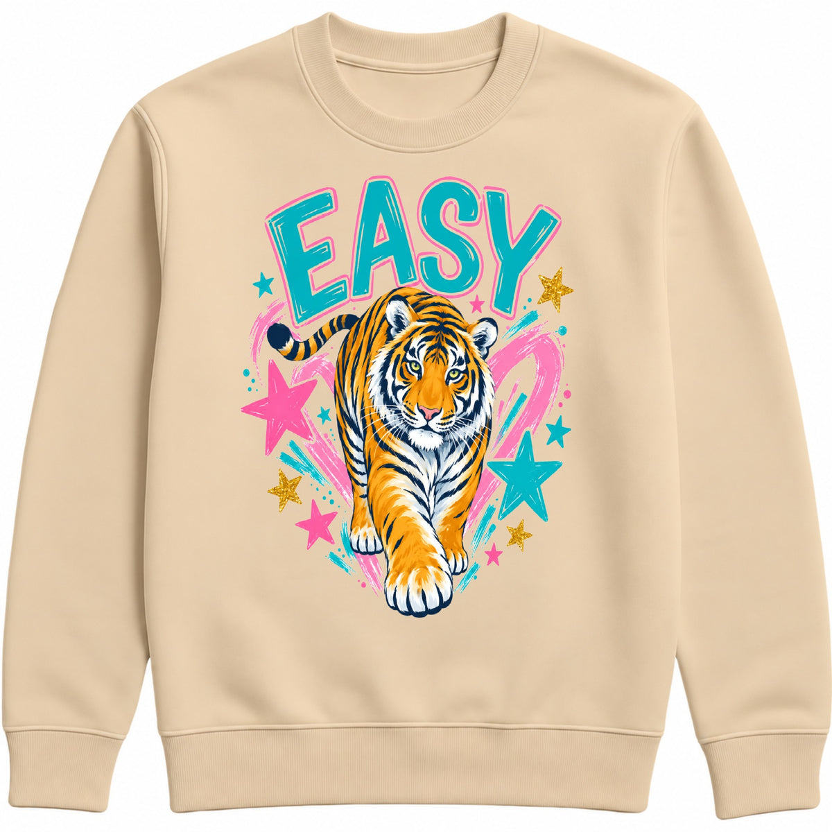 A sand easy tiger crewneck sweatshirt featuring a colorful graphic print of a walking tiger surrounded by pink and teal stars, with the word 'EASY' in teal and pink outlined letters above it.