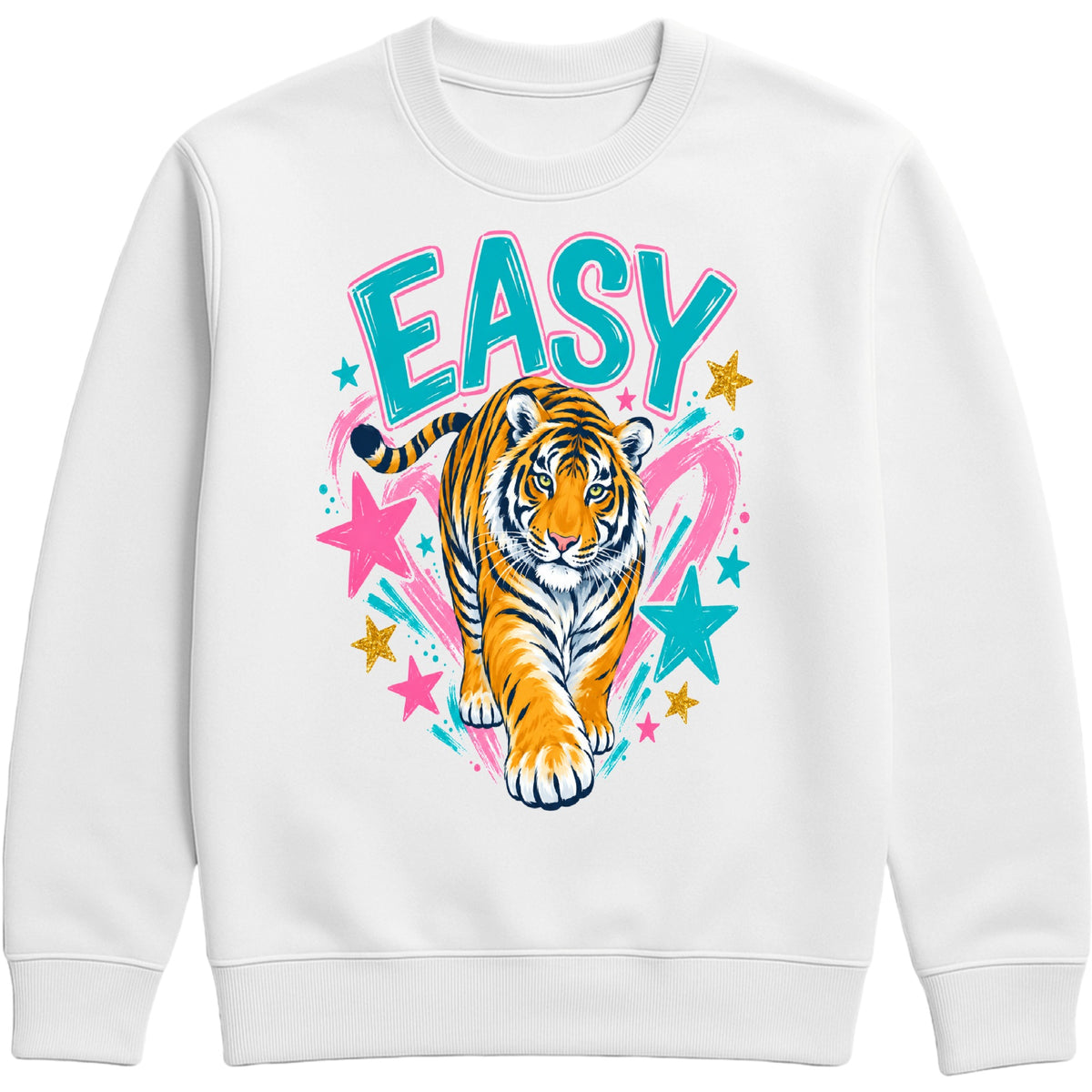 A white easy tiger crewneck sweatshirt featuring a colorful graphic print of a walking tiger surrounded by pink and teal stars, with the word 'EASY' in teal and pink outlined letters above it.