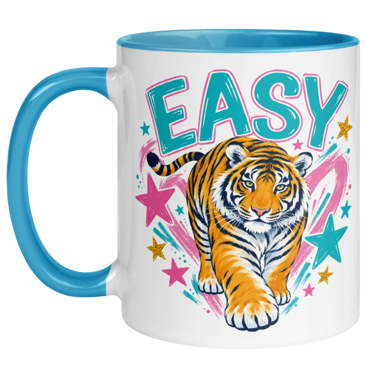 Easy Tiger mug featuring colourful orange tiger artwork with pink and turquoise details and bold EASY lettering