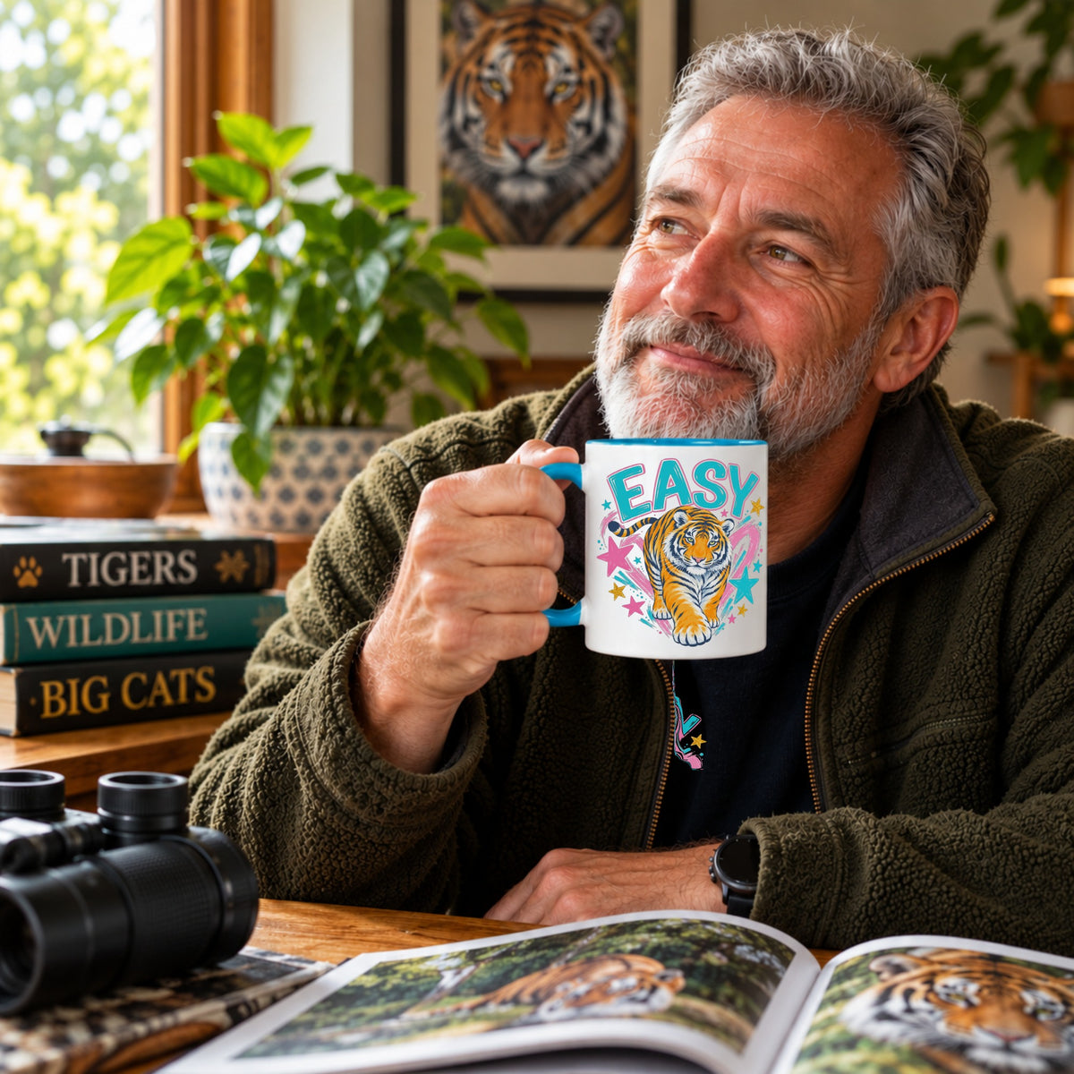 Easy Tiger coffee mug with colourful tiger artwork held by an older wildlife enthusiast surrounded by big cat books