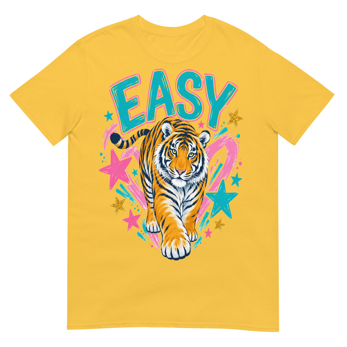Daisy colour Easy Tiger T-Shirt with colourful tiger illustration, turquoise lettering, pink brushstrokes and stars