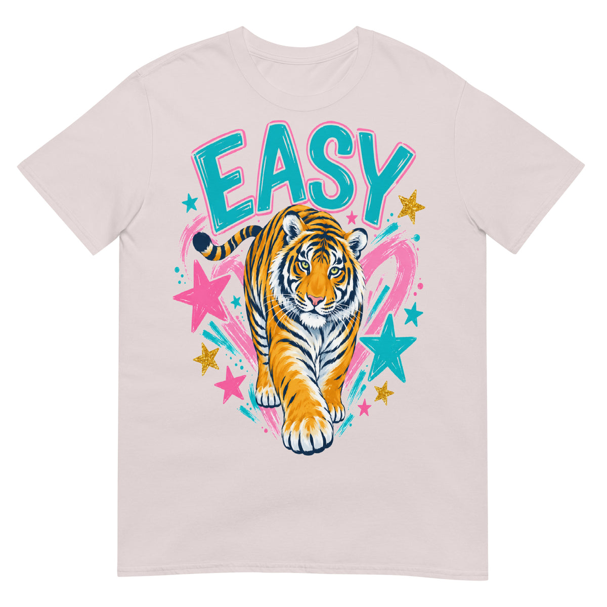 Ice Grey colour Easy Tiger T-Shirt with colourful tiger illustration, turquoise lettering, pink brushstrokes and stars