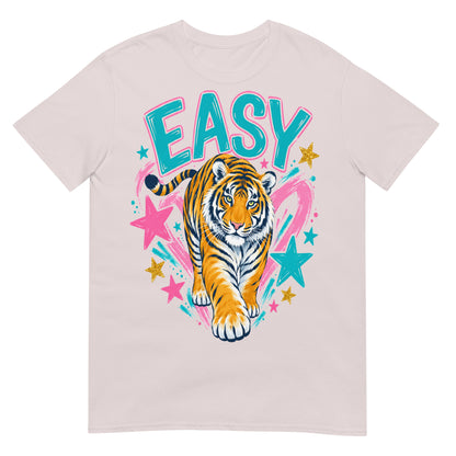 Ice Grey colour Easy Tiger T-Shirt with colourful tiger illustration, turquoise lettering, pink brushstrokes and stars