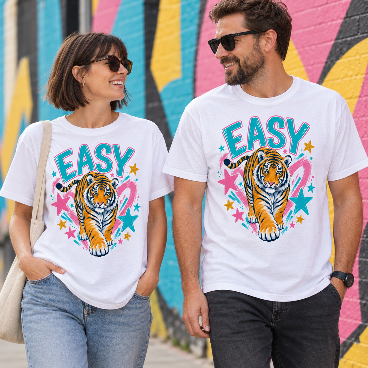 Man and woman wearing white Easy Tiger graphic T-shirts with colourful tiger artwork against a bright urban wall.