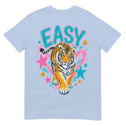 Light blue Easy Tiger T-Shirt with colourful tiger illustration, turquoise lettering, pink brushstrokes and stars