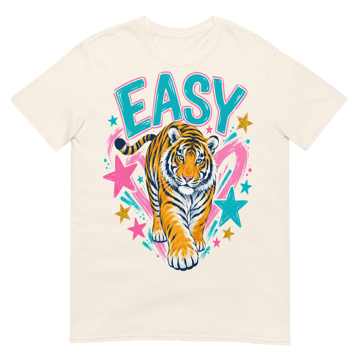 Natural colour Easy Tiger T-Shirt with colourful tiger illustration, turquoise lettering, pink brushstrokes and stars