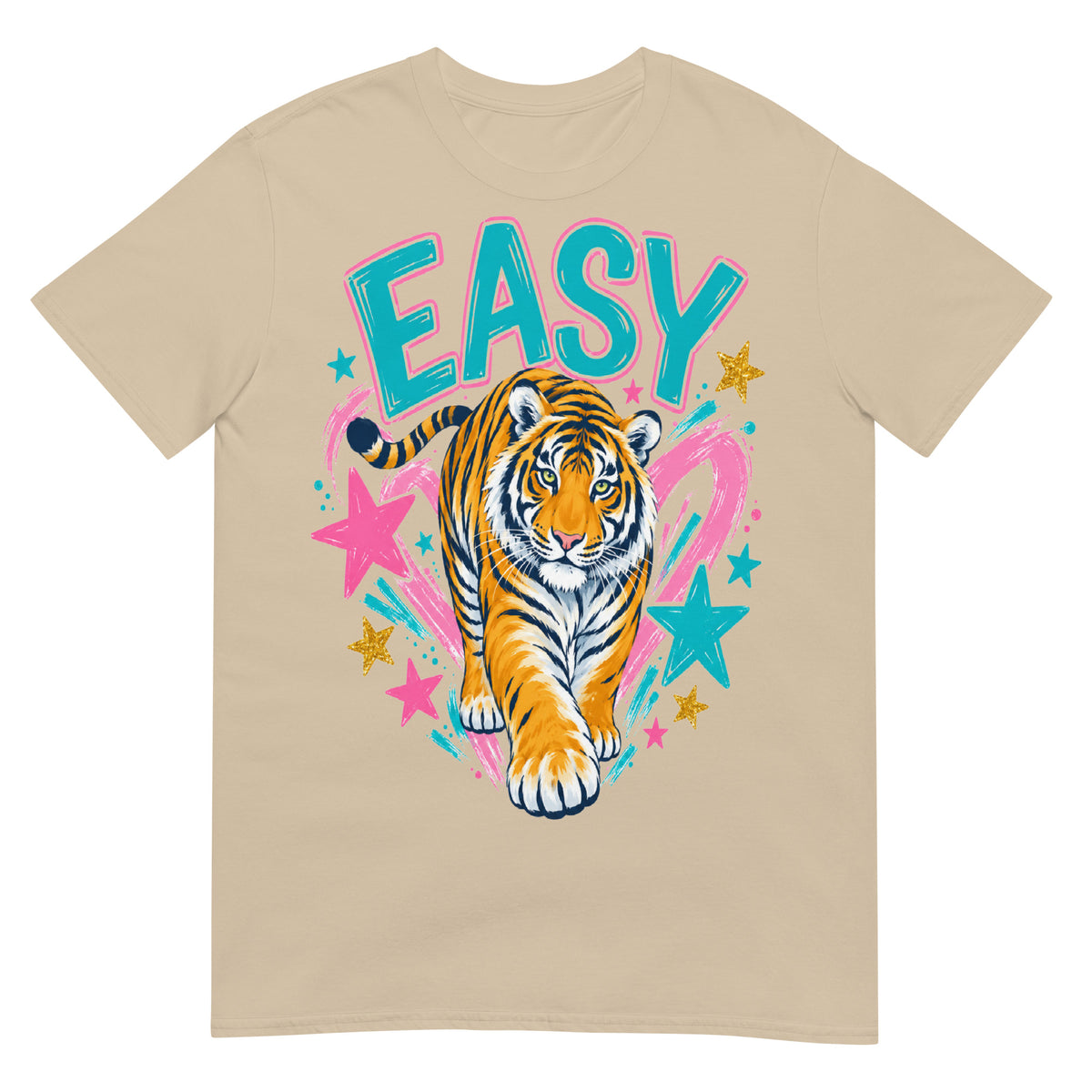 Sand colour Easy Tiger T-Shirt with colourful tiger illustration, turquoise lettering, pink brushstrokes and stars