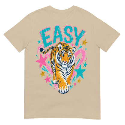 Sand colour Easy Tiger T-Shirt with colourful tiger illustration, turquoise lettering, pink brushstrokes and stars