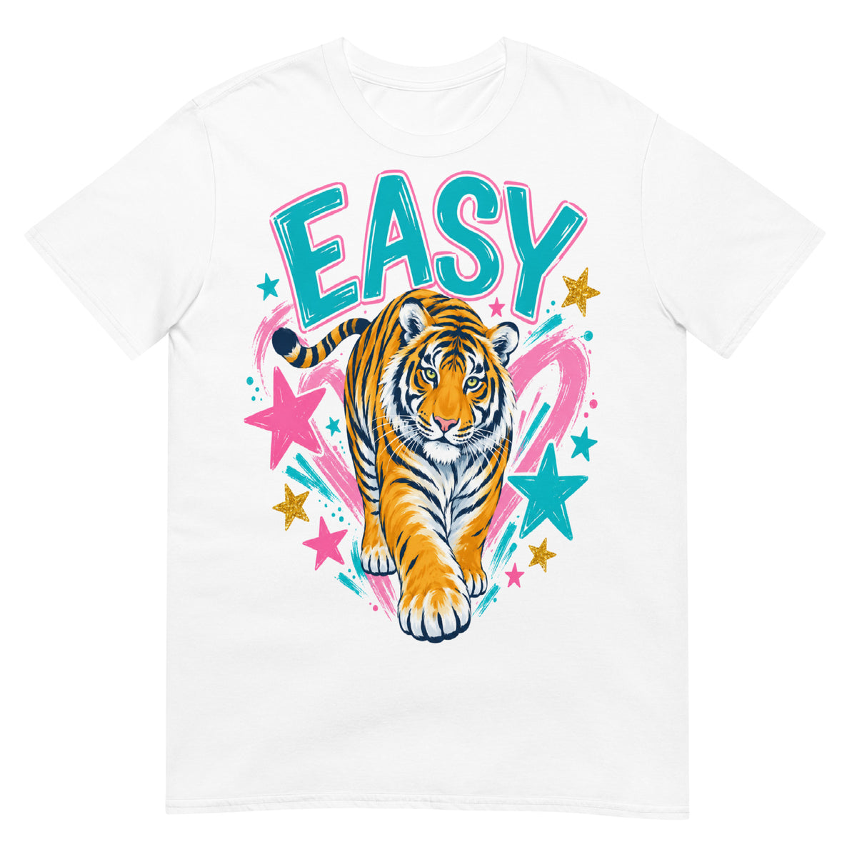 White Easy Tiger T-Shirt with colourful tiger illustration, turquoise lettering, pink brushstrokes and stars