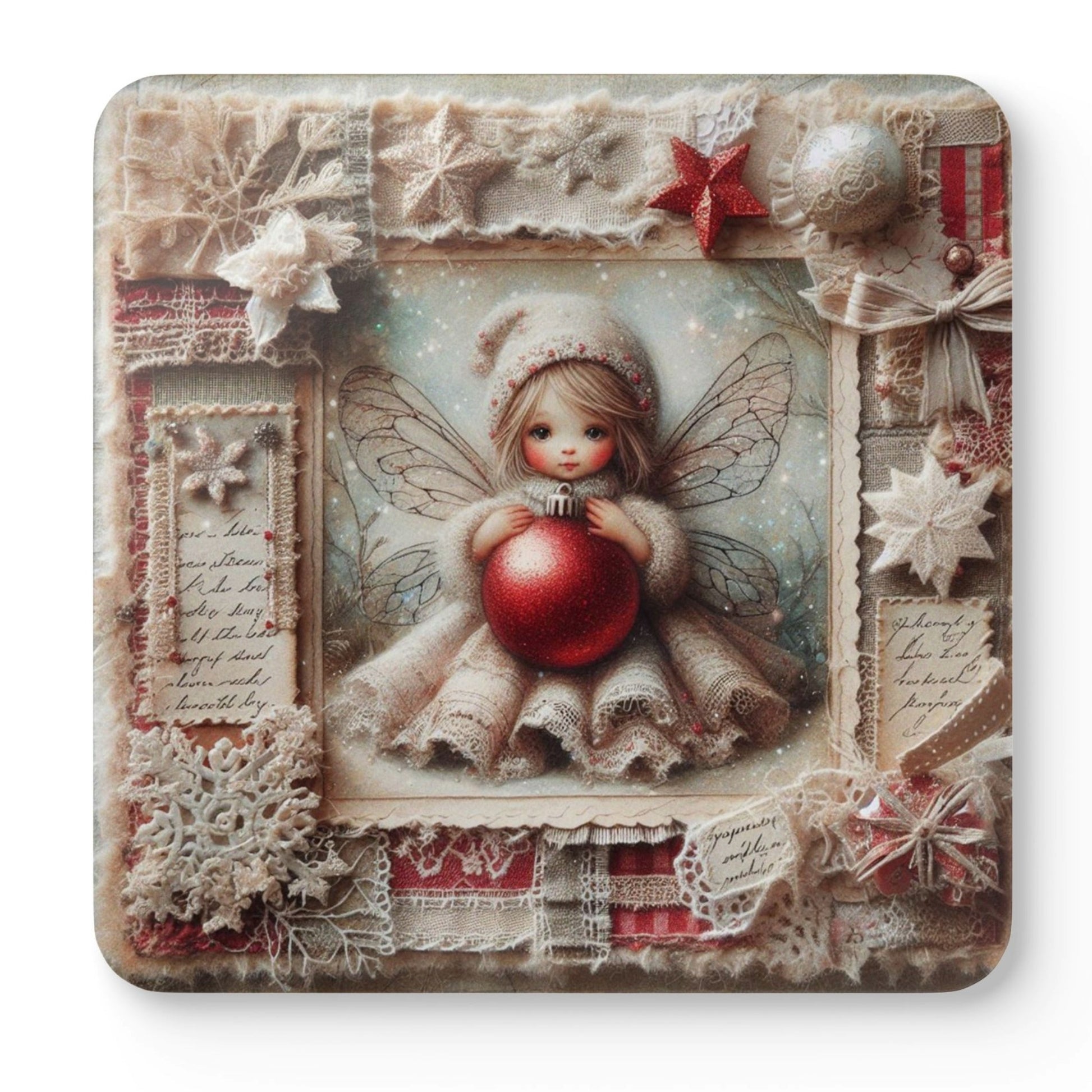 Enchanted Christmas Fairy Coaster Set featuring four unique vintage fairy coasters with festive red baubles, snowflakes and shabby chic Christmas artwork.