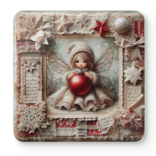 Enchanted Christmas Fairy Coaster Set featuring four unique vintage fairy coasters with festive red baubles, snowflakes and shabby chic Christmas artwork.