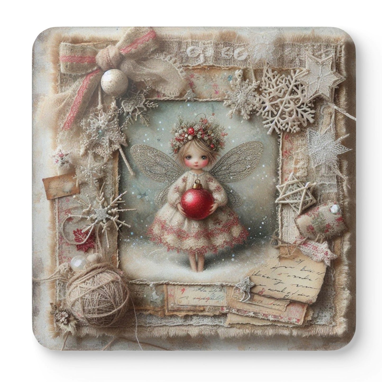 Enchanted Christmas Fairy Coaster Set featuring four unique vintage fairy coasters with festive red baubles, snowflakes and shabby chic Christmas artwork.