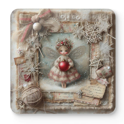 Enchanted Christmas Fairy Coaster Set featuring four unique vintage fairy coasters with festive red baubles, snowflakes and shabby chic Christmas artwork.