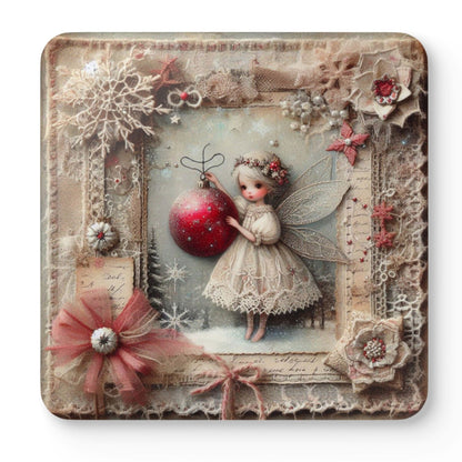 Enchanted Christmas Fairy Coaster Set featuring four unique vintage fairy coasters with festive red baubles, snowflakes and shabby chic Christmas artwork.