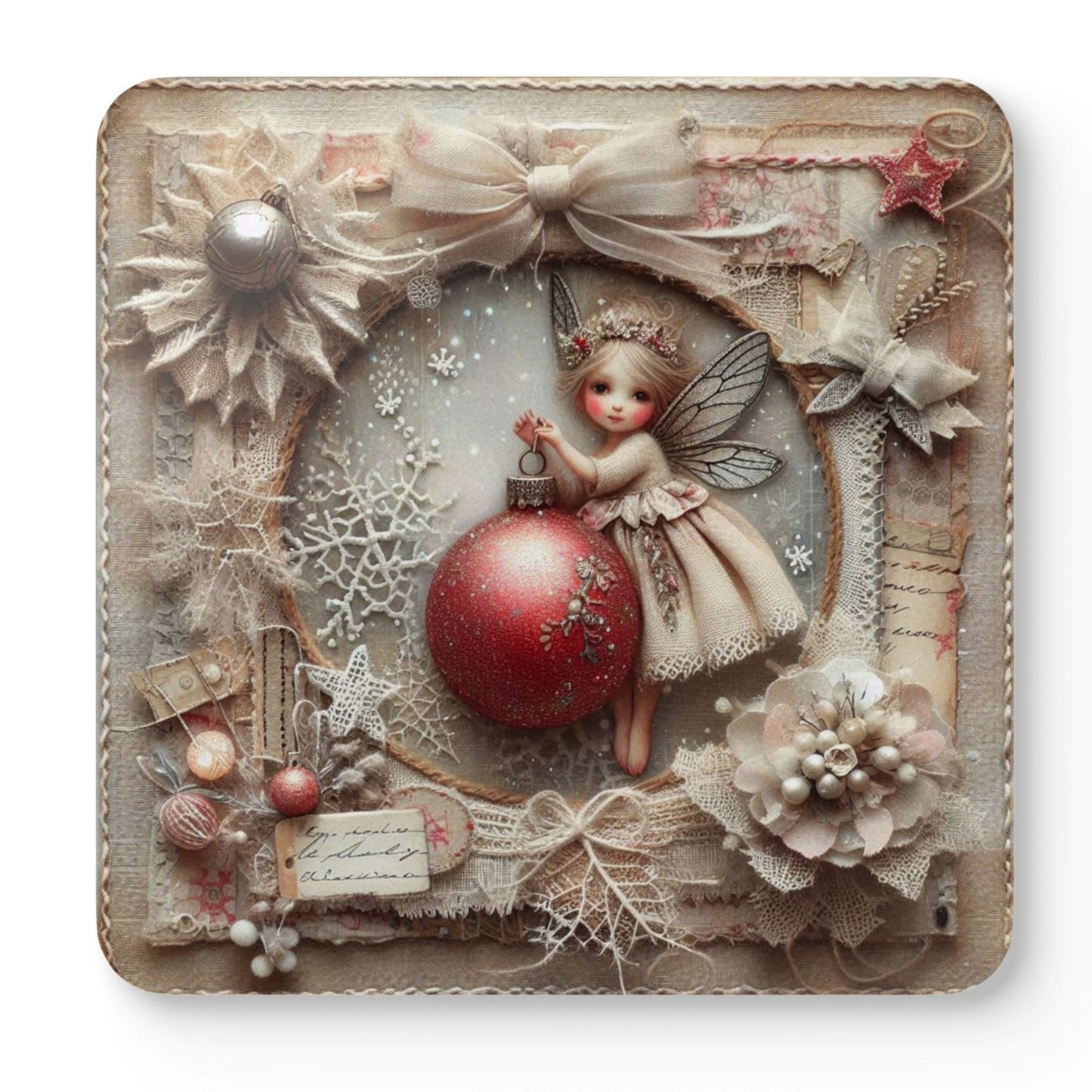 Enchanted Christmas Fairy Coaster Set featuring four unique vintage fairy coasters with festive red baubles, snowflakes and shabby chic Christmas artwork.