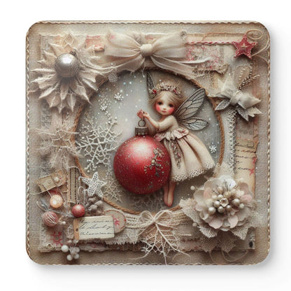 Enchanted Christmas Fairy Coaster Set featuring four unique vintage fairy coasters with festive red baubles, snowflakes and shabby chic Christmas artwork.