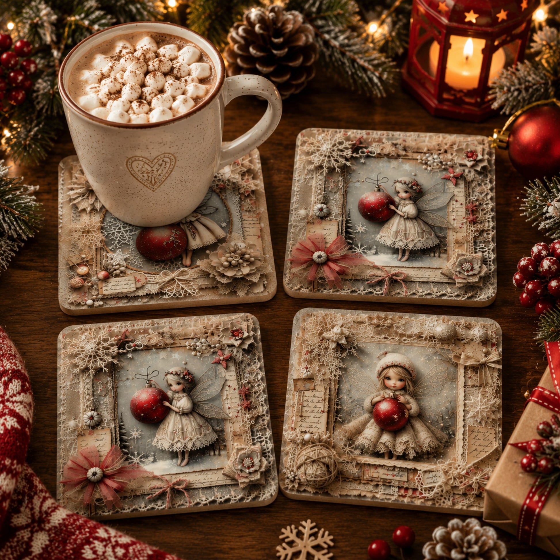 Enchanted Christmas Fairy Coaster Set displayed on a festive table with a mug of hot chocolate, showcasing four unique vintage fairy Christmas coasters.