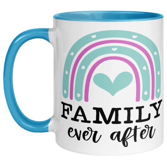 "Cute ceramic mug featuring a rainbow, hearts, and ‘Family Ever After’ text, perfect for coffee or tea"