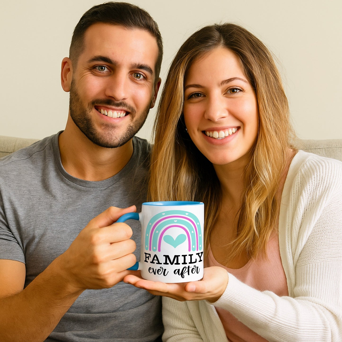 Man and woman holding a mug with 'Family ever after' text