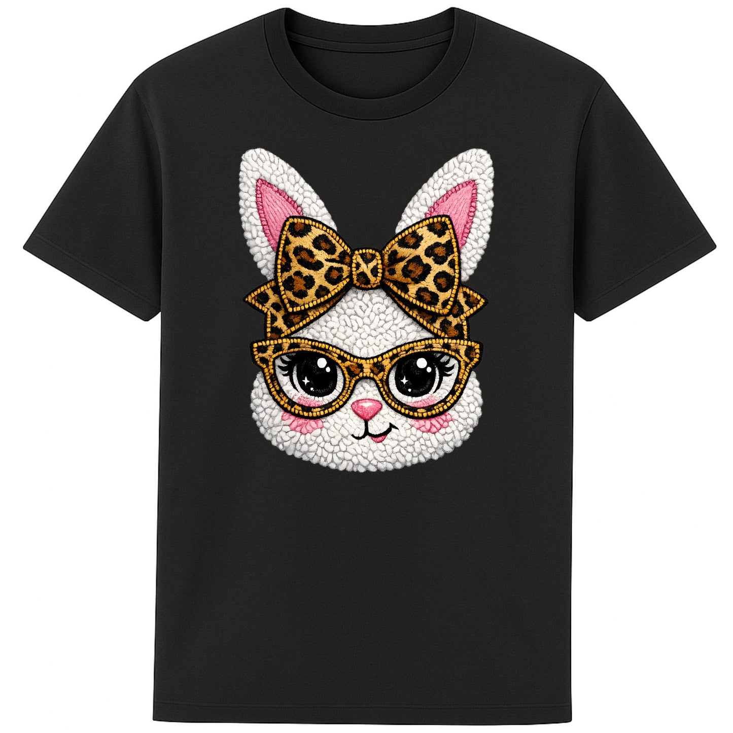 Black graphic t-shirt featuring a cute fluffy white bunny with bold leopard print glasses and bow, trendy Easter spring outfit 