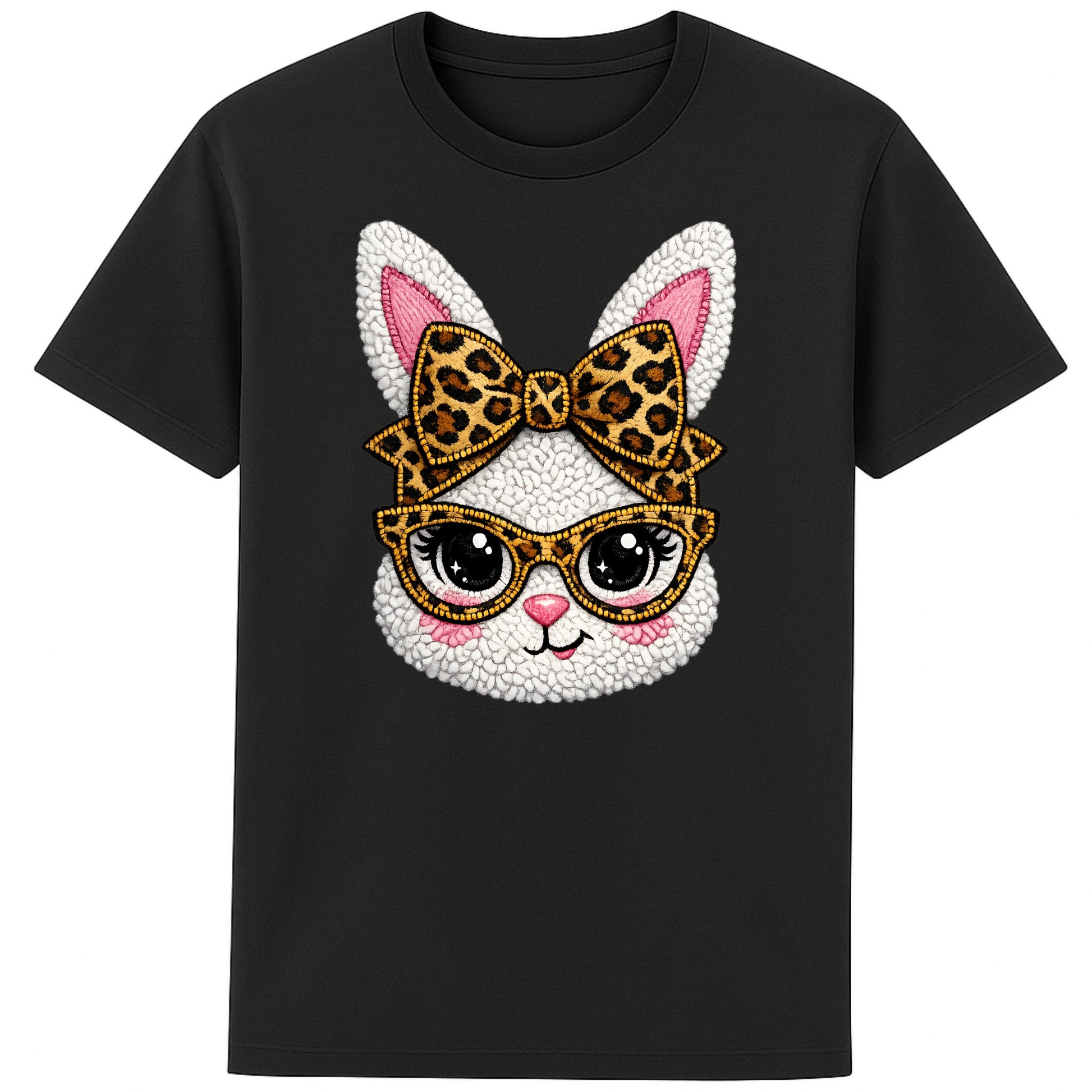 Black graphic t-shirt featuring a cute fluffy white bunny with bold leopard print glasses and bow, trendy Easter spring outfit 