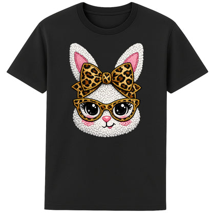 Black graphic t-shirt featuring a cute fluffy white bunny with bold leopard print glasses and bow, trendy Easter spring outfit 