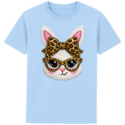 Blue graphic t-shirt featuring a cute fluffy white bunny with bold leopard print glasses and bow, trendy Easter spring outfit 